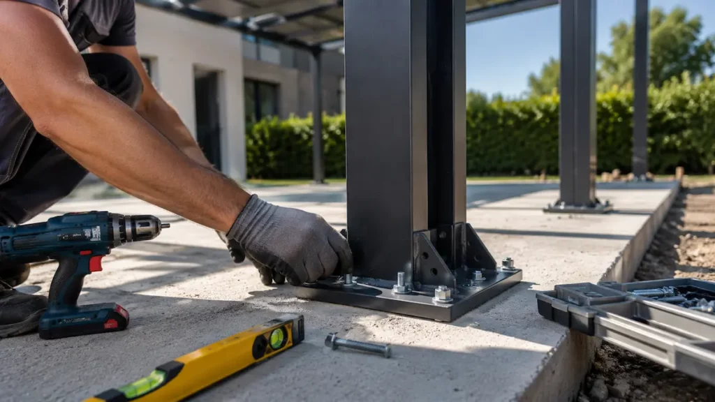 Artisan installant un poteau de pergola solaire en aluminium sur une dalle béton, avec platine de fixation, visserie apparente, niveau à bulle et outillage de chantier professionnel.