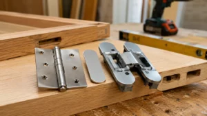 Comparaison entre une charnière invisible démontée et une paumelle en acier inoxydable posées sur une porte intérieure en bois dans un atelier de menuiserie.