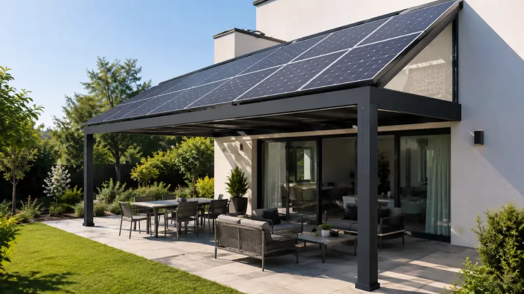Pergola photovoltaïque adossée à une maison moderne avec toiture en panneaux solaires, salon de jardin couvert et structure aluminium dans un jardin résidentiel ensoleillé.