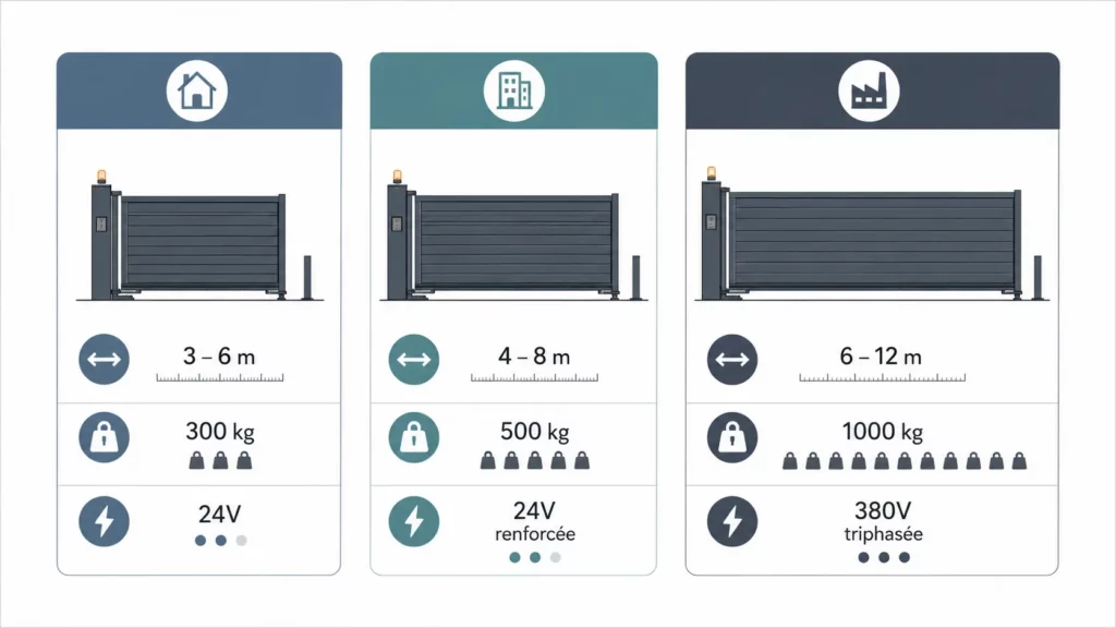 Infographie comparative des portails coulissants autoportants selon l'usage résidentiel, collectif et industriel avec largeur de passage, poids maximal et type de motorisation.