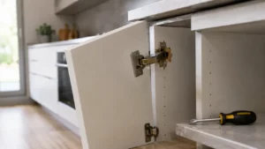 Charnière invisible de porte de placard de cuisine partiellement arrachée dans un panneau aggloméré mélaminé, avec vis sortie du support et porte affaissée avant réparation.