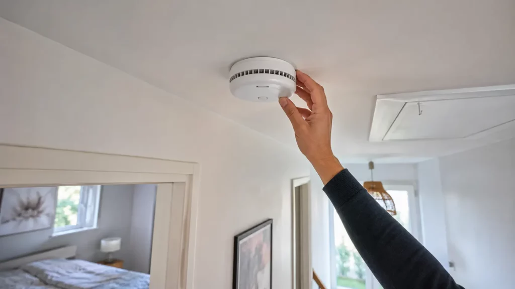 Installation d’un détecteur de fumée DAAF au plafond d’un couloir dans un logement résidentiel français, avec une main en train de fixer l’appareil conformément aux obligations de sécurité incendie.