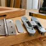Comparaison entre une charnière invisible démontée et une paumelle en acier inoxydable posées sur une porte intérieure en bois dans un atelier de menuiserie.