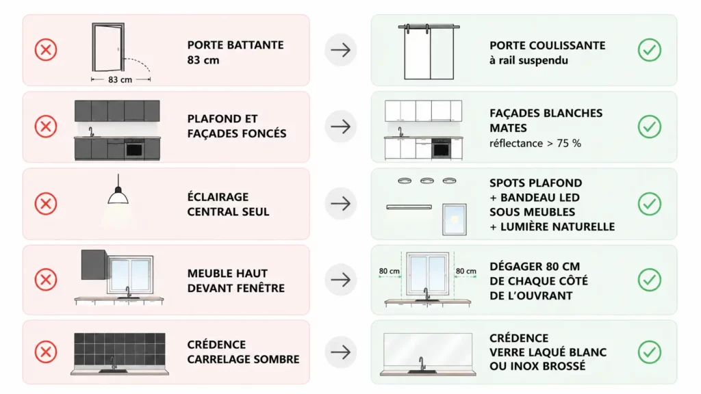 Infographie présentant 5 erreurs fréquentes d’aménagement dans une petite cuisine de 4 m² et leurs solutions : porte coulissante, façades blanches, éclairage multicouche, fenêtre dégagée et crédence claire.
