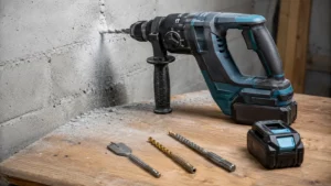 Perforateur burineur Brushless 18 V avec mandrin SDS+ perçant un mur en béton, accompagné de forets bois, métal HSS-Co et béton carbure sur un établi, pour illustrer le choix entre perceuse-visseuse et perforateur selon le substrat.