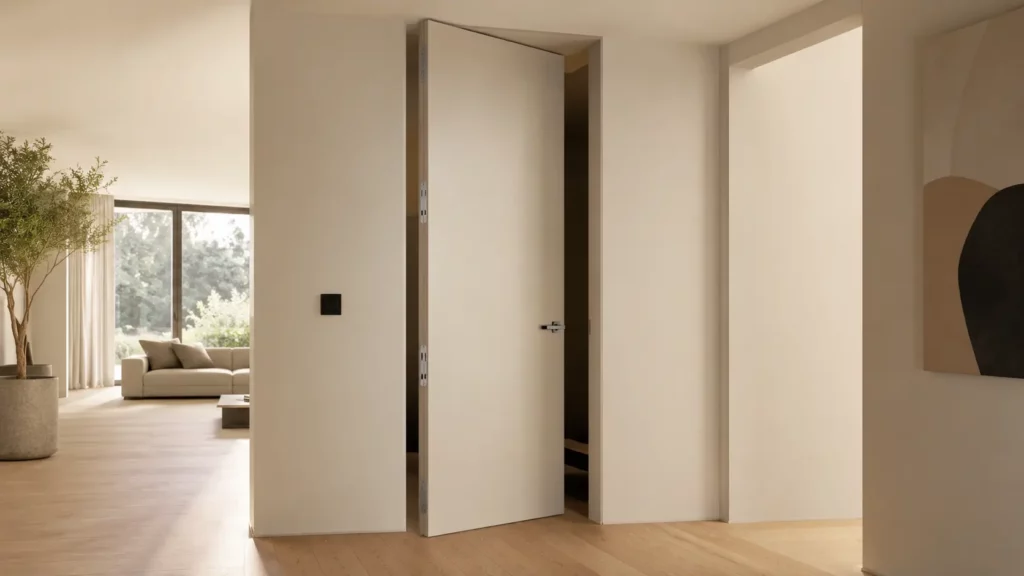 Porte intérieure toute hauteur installée en fleur de mur dans un intérieur contemporain, légèrement entrouverte, avec charnière invisible intégrée et parquet en chêne clair.
