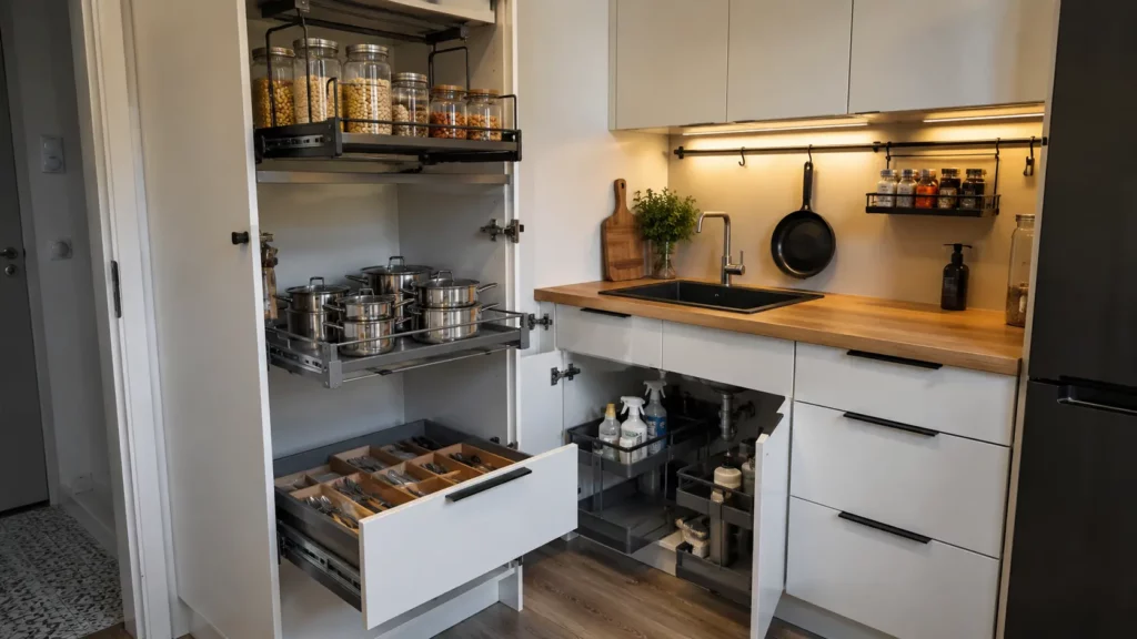 Colonne de cuisine pleine hauteur avec tiroirs, plateaux et paniers coulissants, rangement sous évier extractible et barre de crédence murale dans une petite cuisine optimisée.