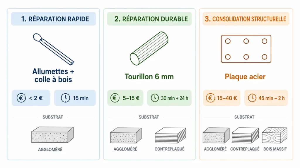 Infographie comparant trois techniques de réparation d’une charnière de porte de placard selon la gravité des dégâts : allumettes et colle à bois, tourillon 6 mm et plaque de réparation en acier.