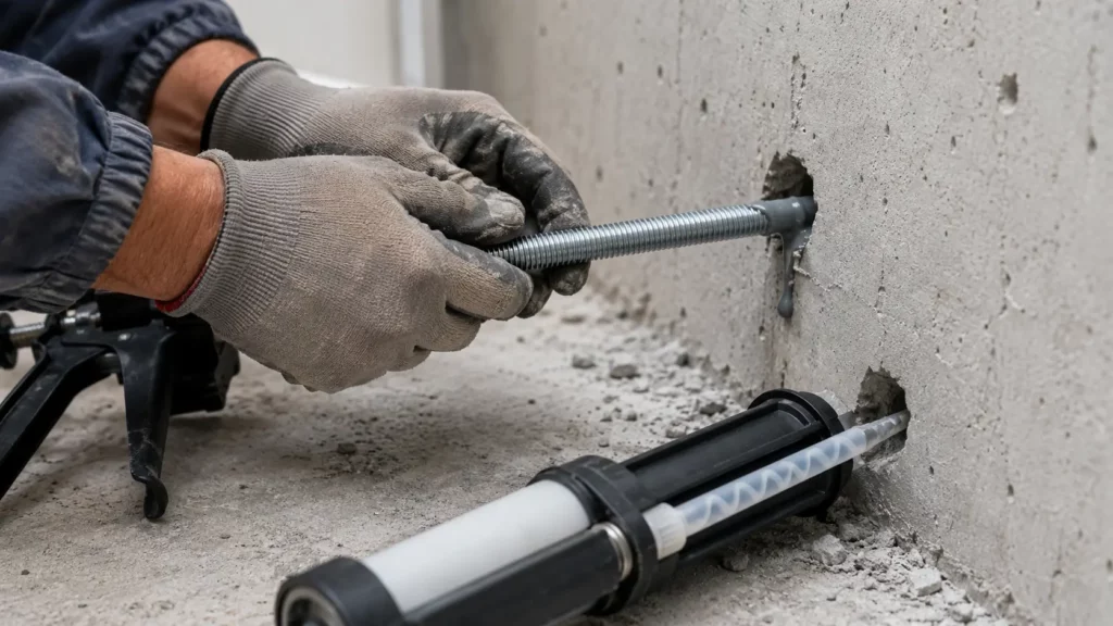 Artisan insérant une tige filetée en acier dans un mur en béton avec un scellement chimique à la résine bi-composante, pistolet à cartouche et poussière de perçage visibles.