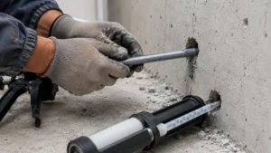 Artisan insérant une tige filetée en acier dans un mur en béton avec un scellement chimique à la résine bi-composante, pistolet à cartouche et poussière de perçage visibles.