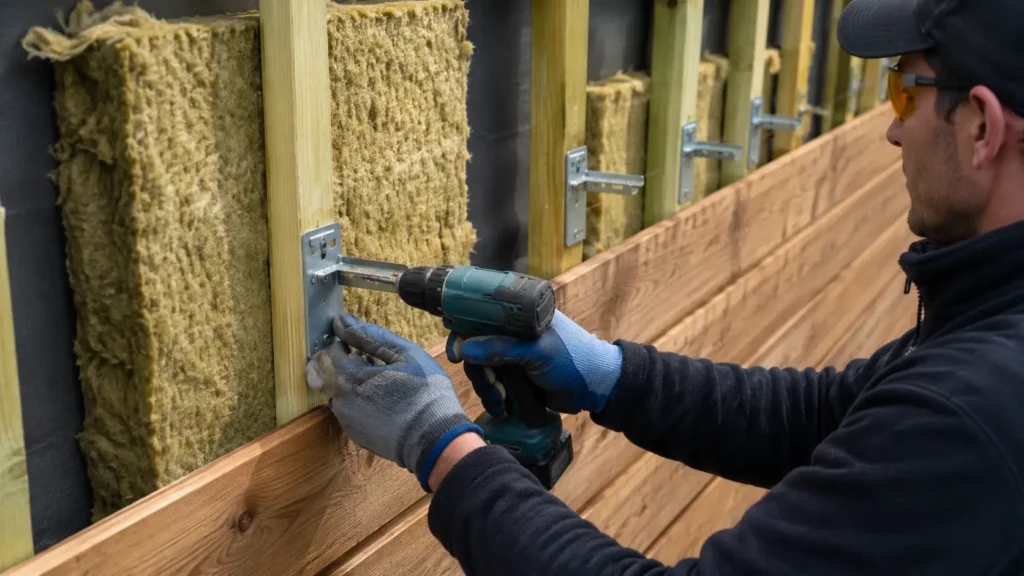 Artisan fixant une ossature métallique sur une façade avec un isolant en laine minérale avant la pose d'un bardage en bois.