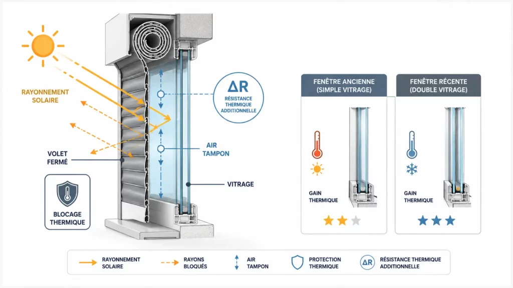 Infographie expliquant comment un volet roulant fermé bloque le rayonnement solaire, crée une couche d'air tampon devant le vitrage et améliore l'isolation thermique d'une fenêtre ancienne ou récente.