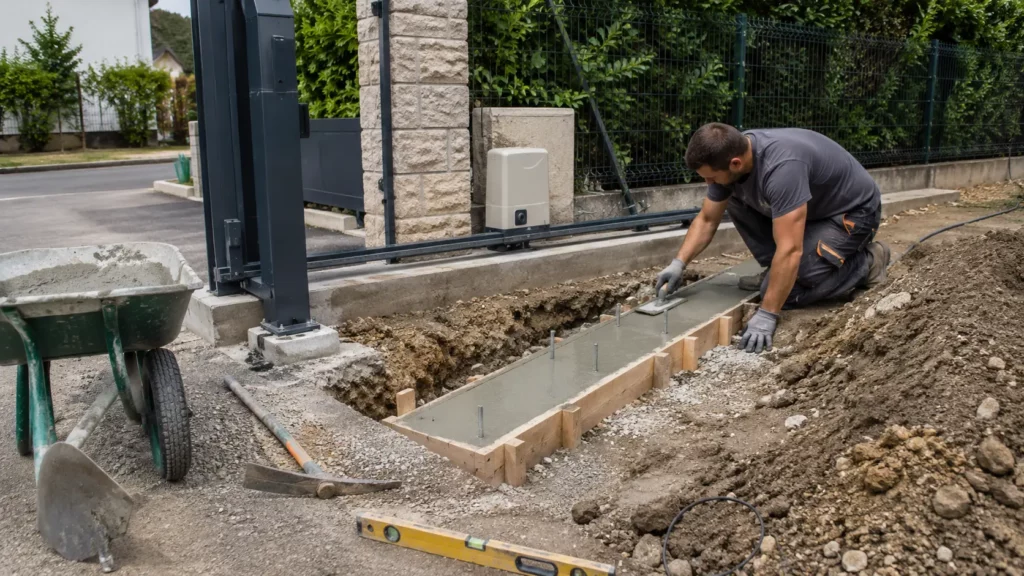 Professionnel réalisant le massif béton pour la pose d'un portail coulissant autoportant, avec fouille, coffrage, béton frais, niveau à bulle et outils de terrassement sur un chantier résidentiel.