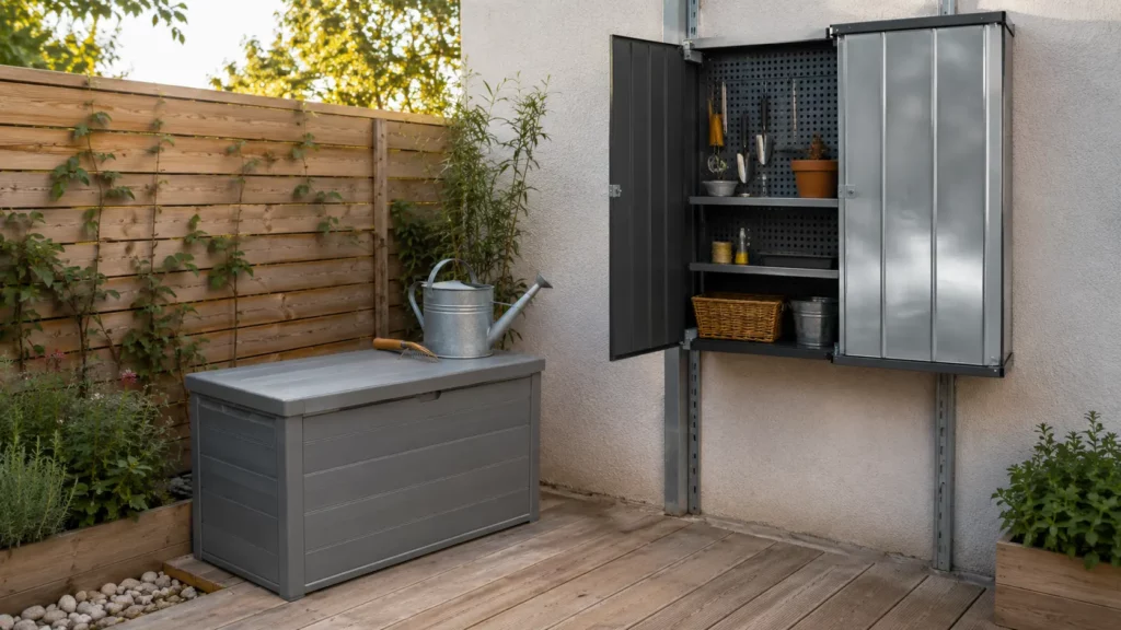 Coffre de jardin en résine sur une terrasse à côté d'une armoire de rangement murale, avec surfaces en résine, métal galvanisé et bois traité, dans un jardin résidentiel bien organisé.