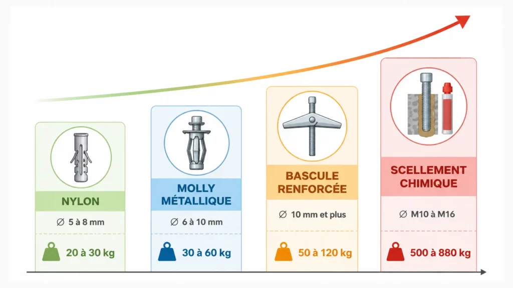 Infographie comparant les principales chevilles pour parpaing creux (nylon, Molly métallique, bascule renforcée et scellement chimique) avec leurs plages de charge admissible respectives.