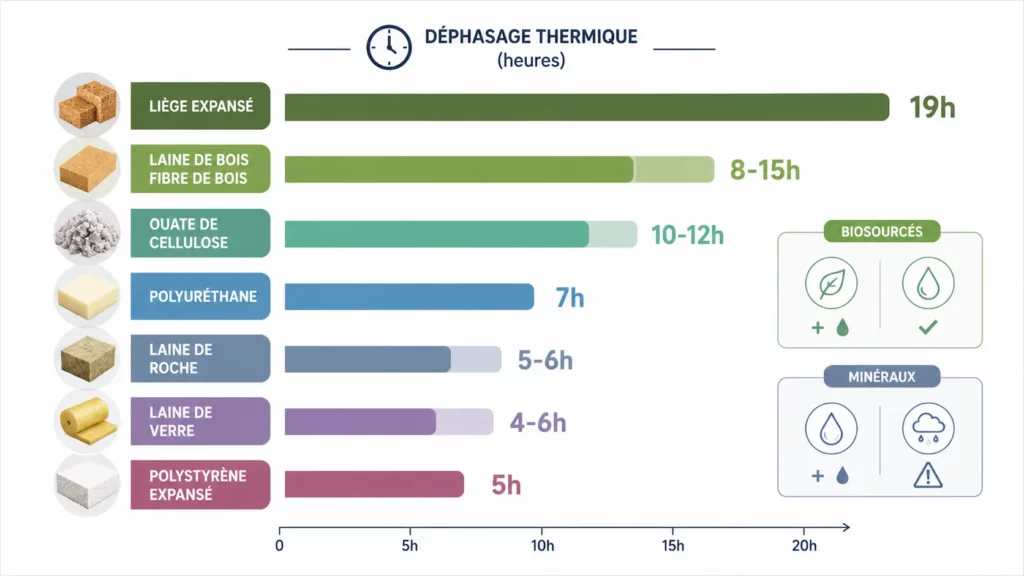 Infographie comparant le temps de déphasage thermique des principaux isolants pour les combles, avec un classement du liège expansé au polystyrène expansé selon leur performance estivale.
