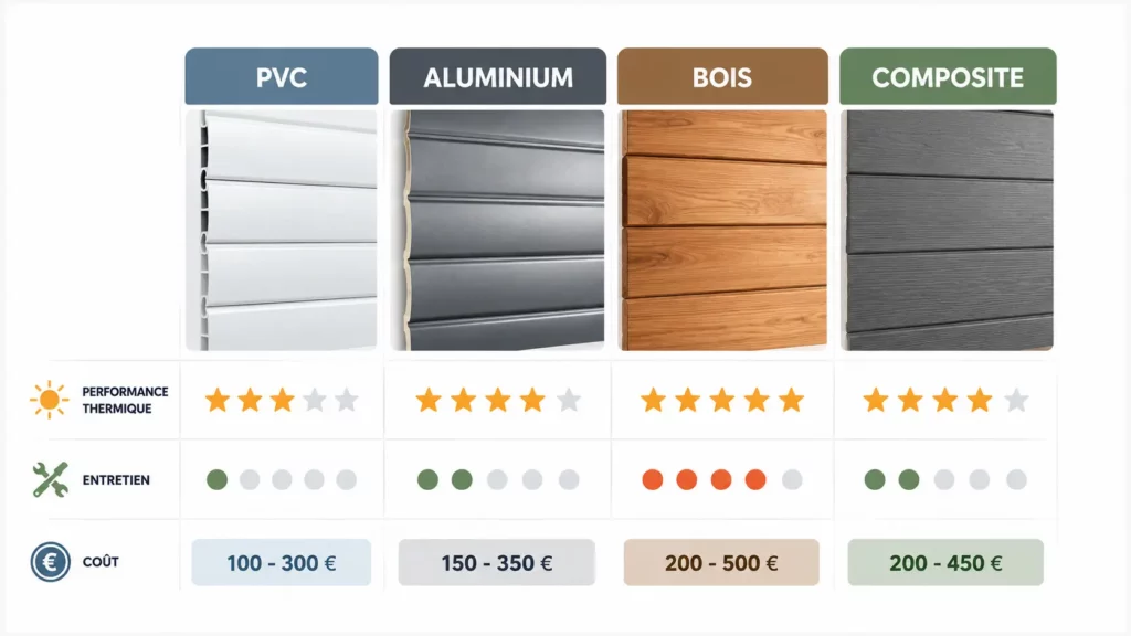 Infographie comparant les performances thermiques, le niveau d'entretien et le coût des volets en PVC, aluminium, bois et composite.