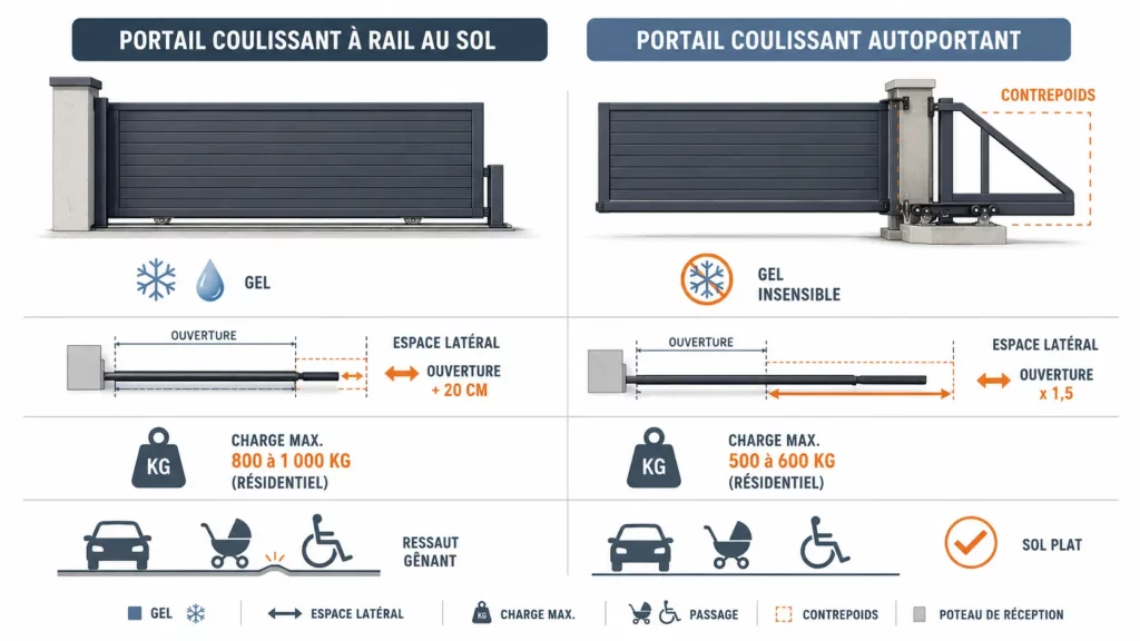 Infographie comparant un portail coulissant sur rail au sol et un portail coulissant autoportant, avec les différences de résistance au gel, d'espace latéral nécessaire, de capacité de charge et d'accessibilité.