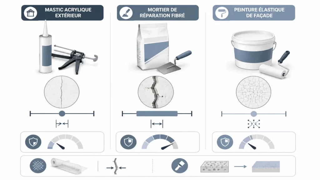 Infographie comparant un mastic acrylique extérieur, un mortier de réparation fibré et une peinture élastique de façade selon le type de fissure à réparer sur un mur extérieur.