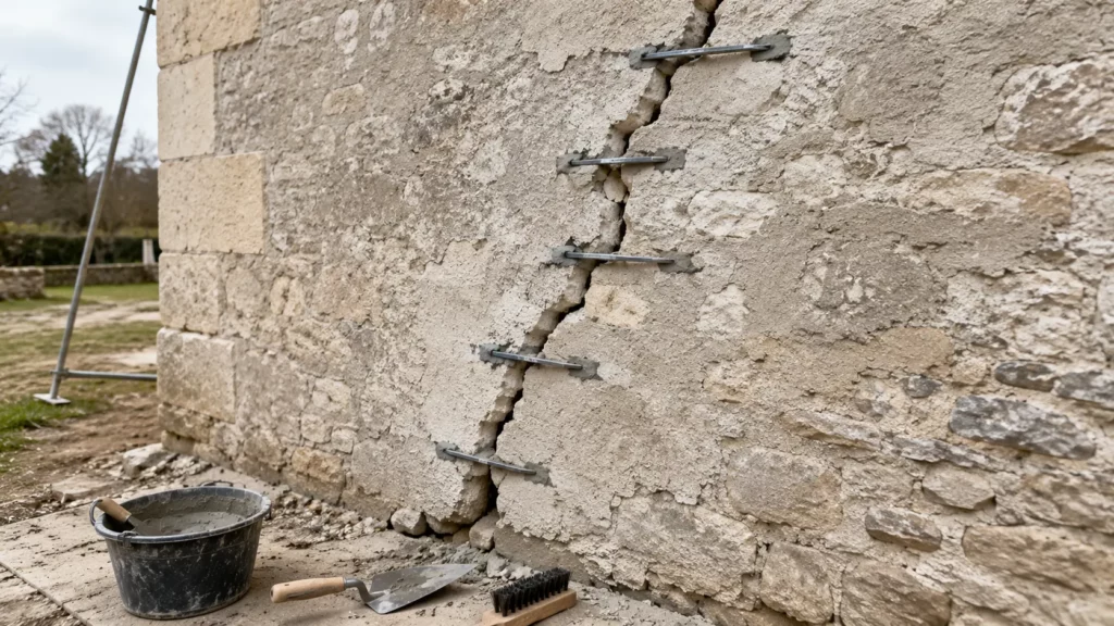 Mur de façade ancien présentant une fissure en escalier consolidée par des agrafes métalliques scellées dans la maçonnerie, avec une truelle et un seau de mortier de scellement au pied du mur.