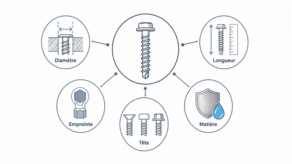 Infographie présentant les cinq critères essentiels pour choisir une vis à béton sans cheville : diamètre, longueur, empreinte, forme de tête et matière adaptée aux conditions d'utilisation.