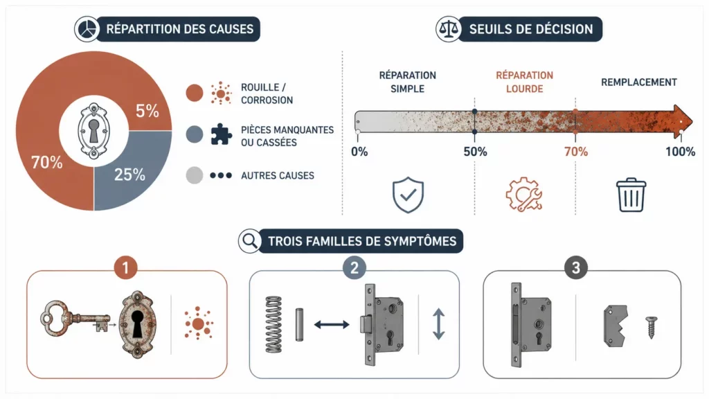 Infographie illustrant les principales causes de blocage d une serrure de meuble ancien avec repartition entre rouille corrosion pieces cassees et seuils de decision entre reparation et remplacement.