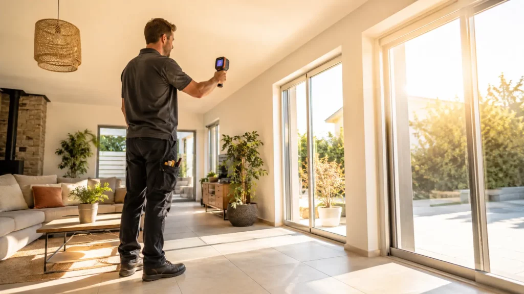 Technicien réalisant un diagnostic thermique dans un salon contemporain en période de canicule à l'aide d'une caméra thermique face à une grande baie vitrée fortement exposée au soleil.