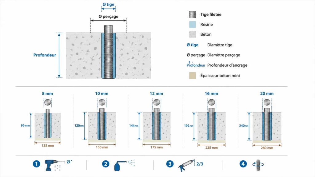 Infographie montrant le diamètre de perçage, la profondeur d'ancrage et les différentes tailles de tiges filetées pour un scellement chimique dans le béton