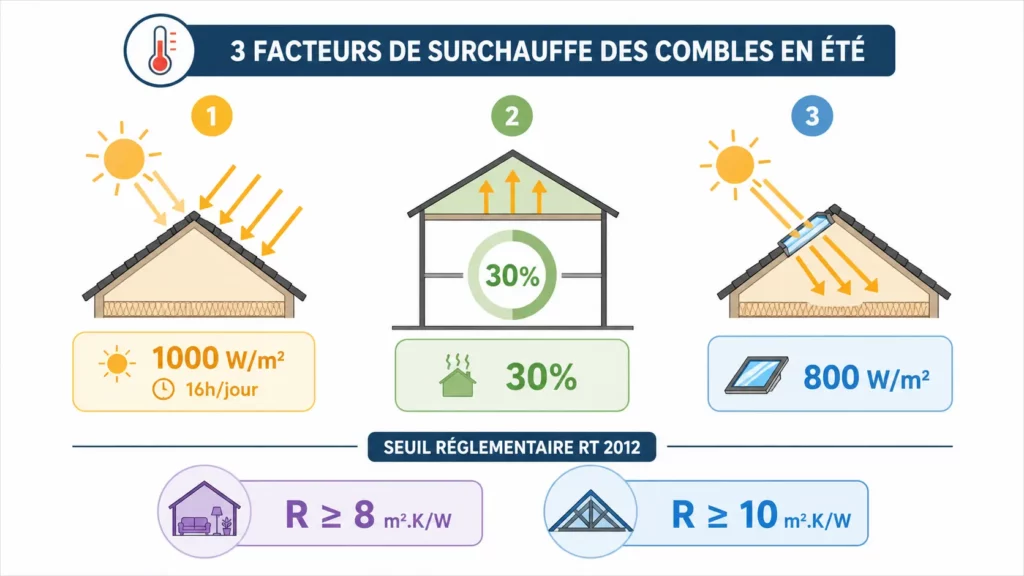 Infographie présentant les trois principaux facteurs de surchauffe des combles en été : rayonnement solaire sur la toiture, déperditions de chaleur par les combles et flux solaire traversant une fenêtre de toit non protégée.