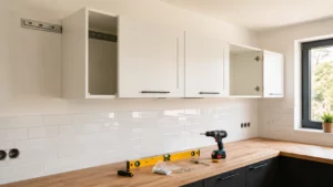 Quelle fixation choisir pour un meuble haut de cuisine Photographie d'un meuble haut de cuisine fraîchement fixé au mur au-dessus d'un plan de travail, avec rail de suspension, perceuse, niveau à bulle et chevilles dans une cuisine en cours d'aménagement.