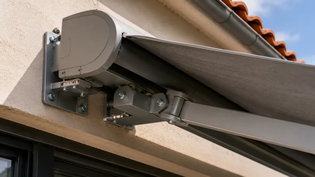 Gros plan sur les supports de fixation murale d'un store banne coffre déployé, solidement ancrés sur une façade extérieure en enduit.