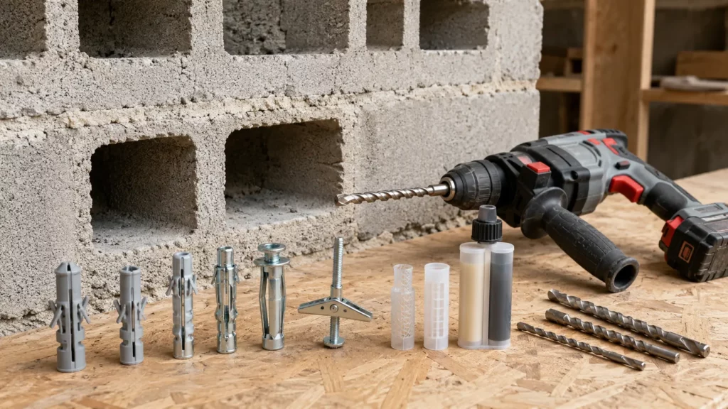 Photographie d'un mur en parpaing creux avec plusieurs types de chevilles de fixation (nylon, Molly, scellement chimique), une perceuse à percussion et des forets à béton disposés sur un établi de chantier.