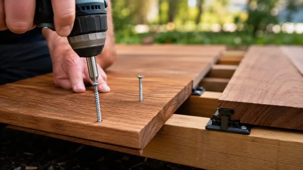 Pose d'une terrasse en bois avec fixation par vis inox apparentes et système de fixation invisible à clips sur des lames rainurées.