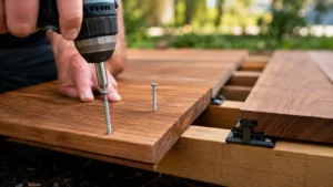 Fixation terrasse bois extérieur : quel système choisir sans se tromper ? Pose d'une terrasse en bois avec fixation par vis inox apparentes et système de fixation invisible à clips sur des lames rainurées.