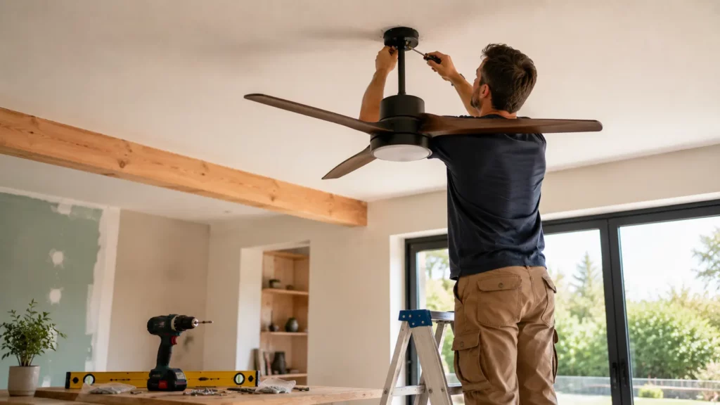 Un artisan installant un ventilateur de plafond moderne en fixant son support au plafond à l'aide d'un escabeau, avec une perceuse, un niveau à bulle et des chevilles dans une pièce en rénovation.