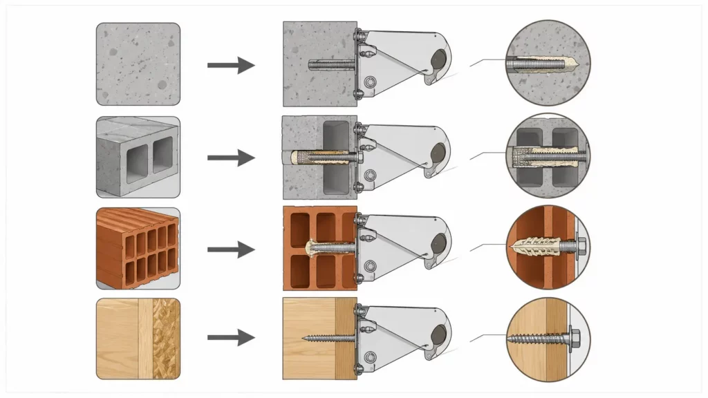 Infographie présentant les systèmes de fixation recommandés pour un store banne selon le type de mur : béton plein, brique creuse, brique Porotherm et ossature bois.