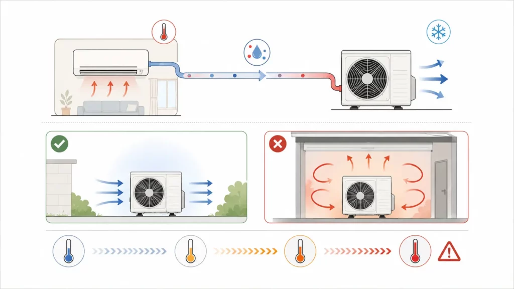 Infographie expliquant le fonctionnement d’une climatisation réversible en mode froid et comparant un groupe extérieur installé en plein air avec un groupe placé dans un garage fermé provoquant une surchauffe.