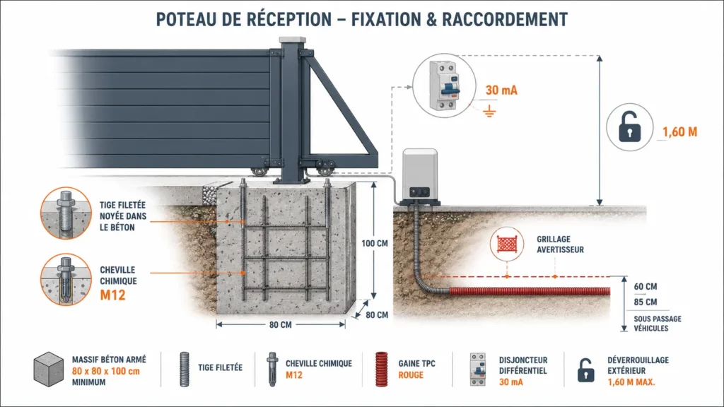 Infographie montrant la coupe d'un poteau de réception de portail coulissant autoportant avec massif en béton armé, tiges filetées, cheville chimique M12, gaine électrique enterrée, disjoncteur 30 mA et dimensions de référence.
