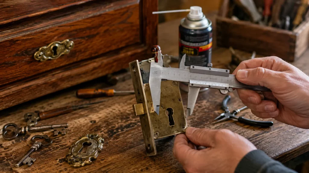 Artisan mesurant l entraxe d une serrure ancienne en laiton demontee sur un meuble en bois massif a l aide d un pied a coulisse avec des outils de serrurerie poses sur un etabli.
