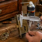 Artisan mesurant l entraxe d une serrure ancienne en laiton demontee sur un meuble en bois massif a l aide d un pied a coulisse avec des outils de serrurerie poses sur un etabli.