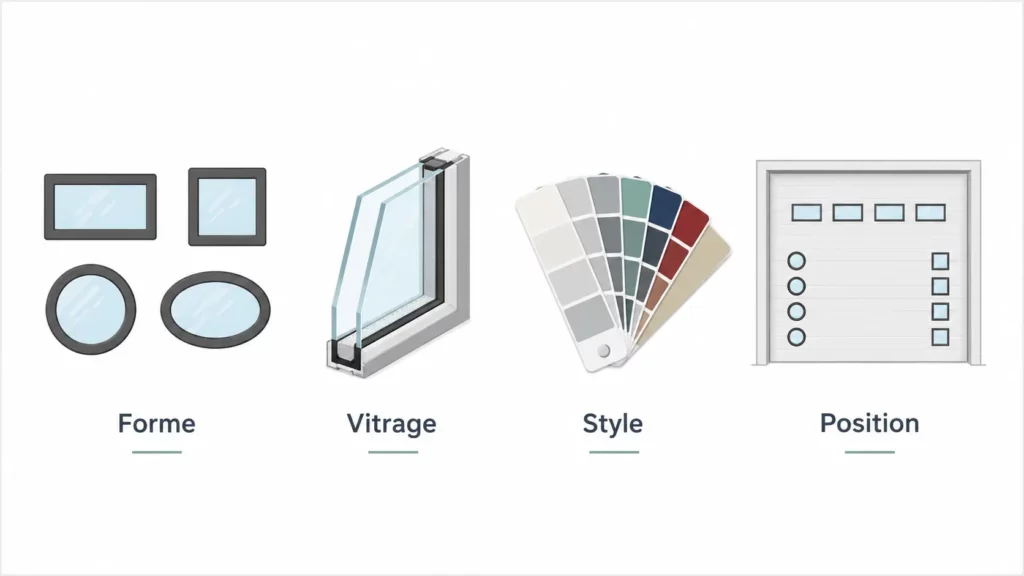 Infographie présentant les quatre critères pour choisir un hublot de porte de garage : la forme, le vitrage, le style et la position des hublots sur la porte.