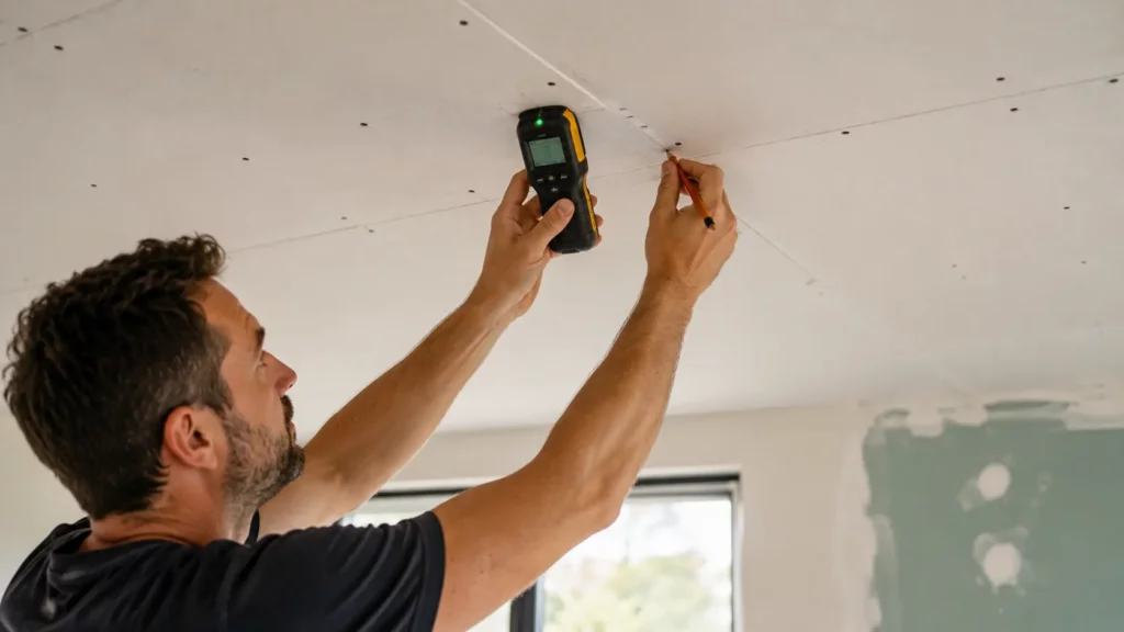 bricoleur inspectant un plafond en plaque de plâtre avec un détecteur de montants électronique avant l'installation d'un ventilateur de plafond, tout en marquant l'emplacement au crayon.