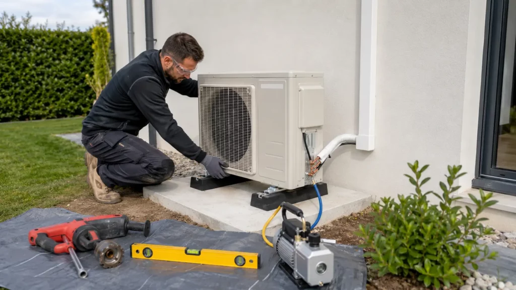 Technicien frigoriste installant l'unité extérieure d'une climatisation réversible sur une dalle béton avec silentblocs, liaisons frigorifiques protégées et outils de pose à proximité.