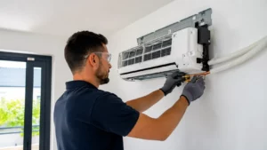 Technicien frigoriste installant l'unité intérieure d'une climatisation réversible monosplit en raccordant les liaisons frigorifiques en cuivre dans une maison moderne.
