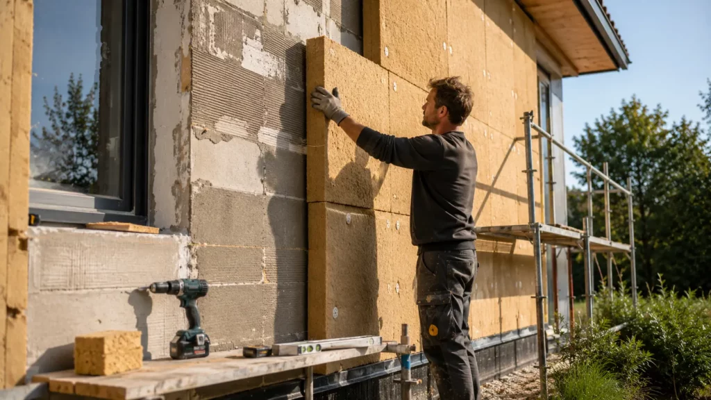 Artisan posant des panneaux d'isolation en laine de bois sur la façade extérieure d'une maison dans le cadre d'une isolation thermique par l'extérieur, avec outillage de chantier et façade ensoleillée.