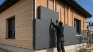 Isolation extérieure maison : méthode, matériaux et budget réel Artisan posant des panneaux d'isolation thermique par l'extérieur sur la façade d'une maison individuelle en cours de rénovation.
