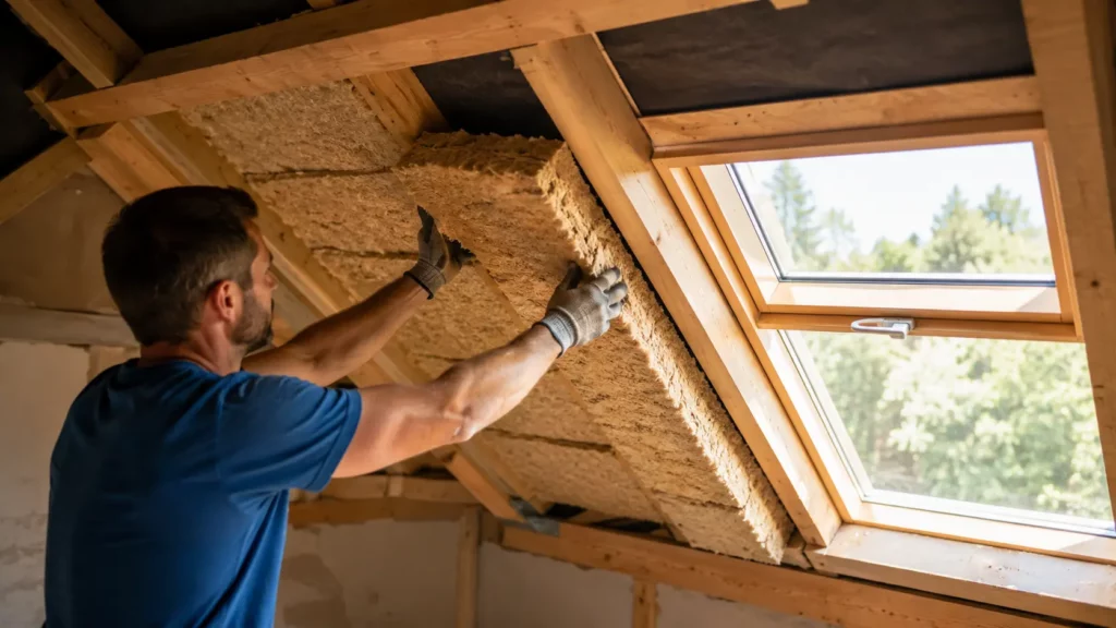 Artisan posant un isolant en fibre de bois sous les rampants d'une toiture dans des combles en rénovation, avec charpente apparente et fenêtre de toit laissant entrer la lumière naturelle.