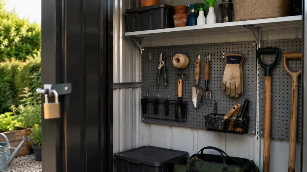 Intérieur d'un abri de jardin ouvert avec panneau perforé, outils suspendus, étagères de rangement, cadenas de sécurité et espace au sol dégagé grâce à une organisation verticale.
