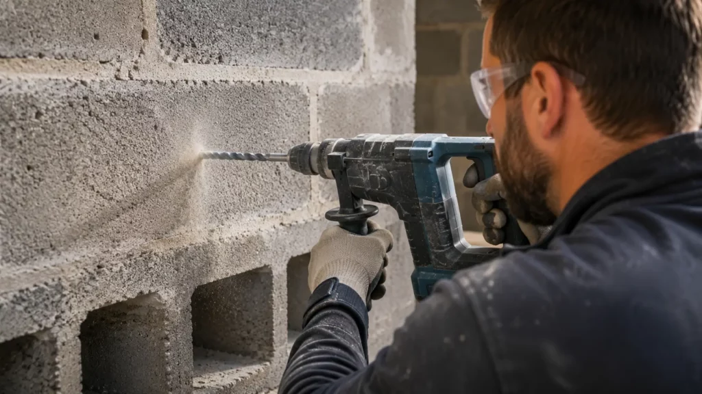 un artisan perçant un mur en parpaing creux avec une perceuse équipée d'un foret à béton, portant des gants et des lunettes de protection lors de travaux de rénovation.
