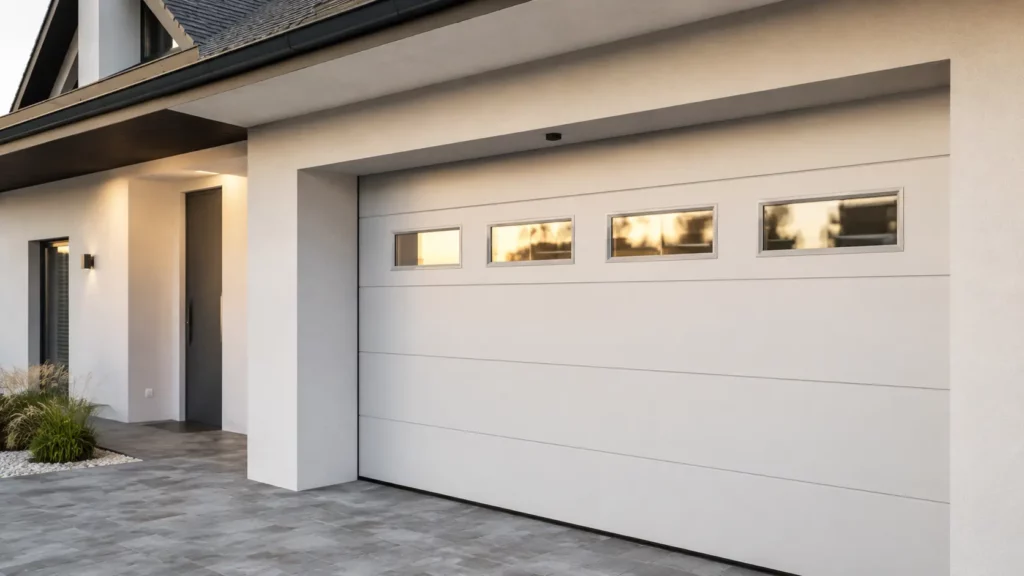 porte-garage-sectionnelle-claire-avec-hublots-rectangulaires-alignes-laissant-passer-la-lumiere-naturelle-sur-facade-maison-contemporaine